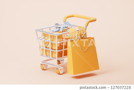 Shopping cart and e-commence gift boxes, 3d Shopping cart and e-commence gift boxes, 3d 127037228
