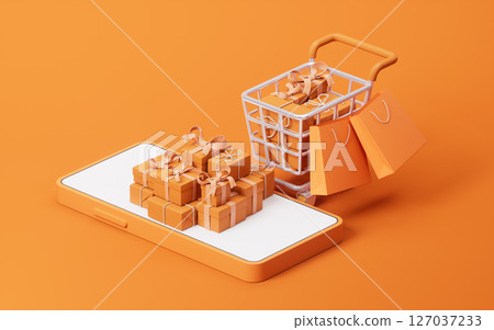 Shopping cart and e-commence gift boxes, 3d 127037233