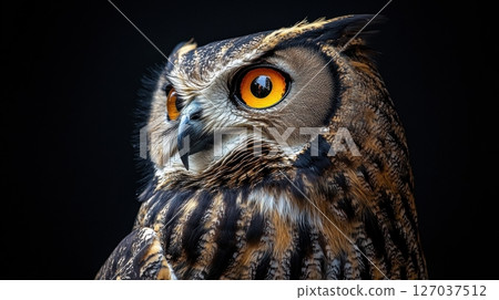 Majestic Owl Portrait with Striking Orange Eyes and Intricate Feathers 127037512