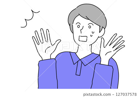 A young man with his arms outstretched and a very surprised look on his face 127037578