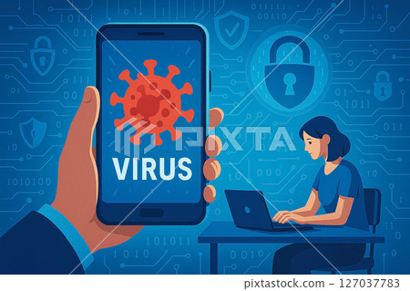 Illustration of a smartphone virus and a woman operating a computer 127037783