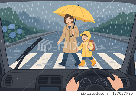 Parents and children crossing a crosswalk in the rain, and the driver's perspective Parents and children crossing a crosswalk in the rain, and the driver's perspective 127037789