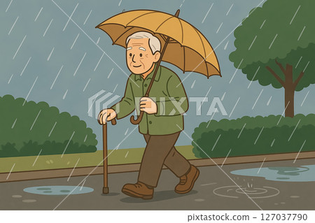 老人雨中漫步的溫馨場景 127037790
