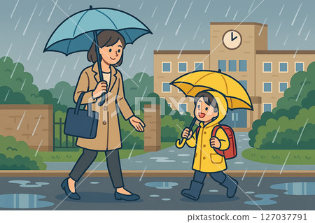 家長和孩子雨中步行上學的溫馨場景 127037791