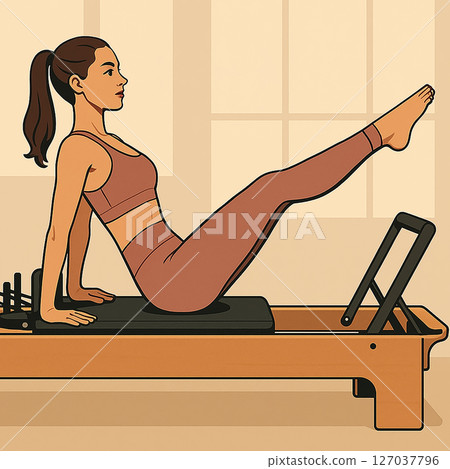 Woman doing balance exercise on a Pilates machine Woman doing balance exercise on a Pilates machine 127037796