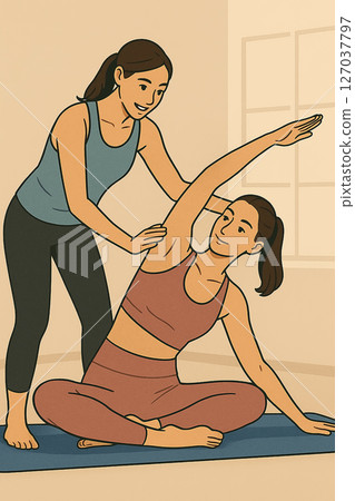 Woman receiving yoga instruction stretching indoors 127037797