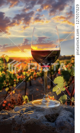 Sunset Over Vineyard with Glass of Red Wine Next to Grapevines 127037829