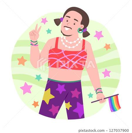 Happy Lady Boy Holding Rainbow Flag for LGBT Gay Pride Celebration Concept Illustration 127037900