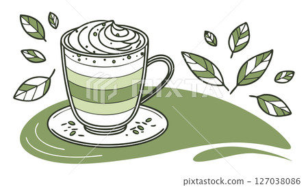 Stylized Matcha Latte with Whipped Cream and Scattered Green Tea Leaves 127038086
