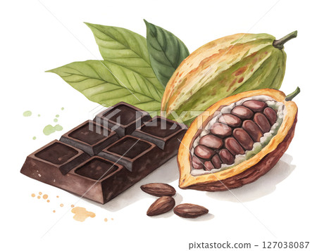 Watercolor Cocoa Pod Chocolate Bar and Almonds Watercolor Cocoa Pod Chocolate Bar and Almonds 127038087