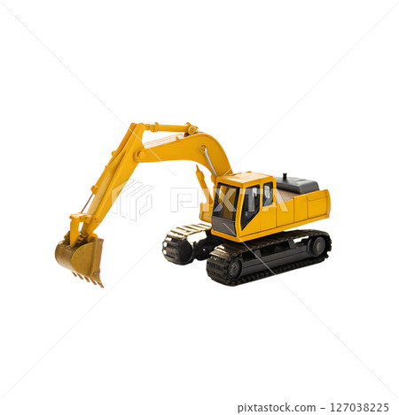 Bright Yellow Excavator with Intricate Track Details and Extended Arm 127038225