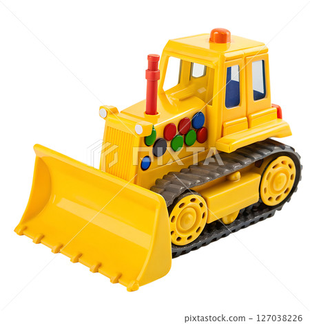Bright Yellow Toy Bulldozer with Colorful Buttons and Red Exhaust Pipe 127038226
