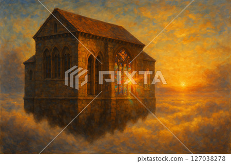 A medieval library floating in the sky and a fantastic sunrise landscape 127038278