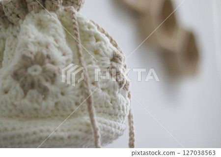Handmade crocheted drawstring bag 127038563