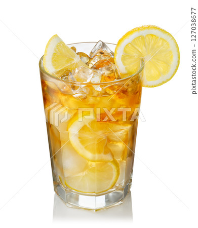 misted glass of ice tea with lemon isolated on white background misted glass of ice tea with lemon isolated on white background 127038677