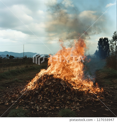 Bright Flames Erupt from Pile of Burning Leaves in Open Field 127038947