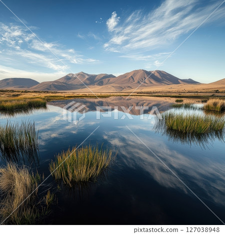 Serene Landscape with Calm Water and Mountain Reflection at Dusk 127038948