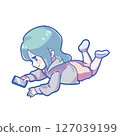 [Commercial use allowed!] 21-SD illustration of a Japanese woman lying down and relaxing while playing with her smartphone 1 127039199