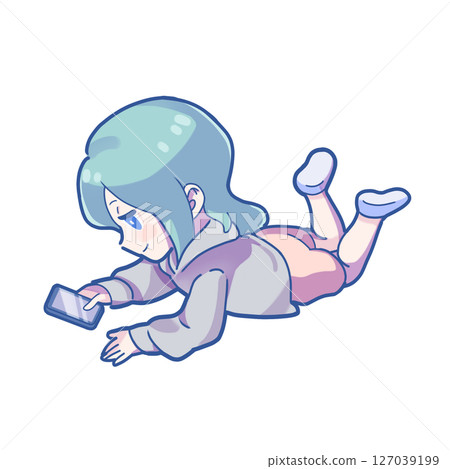 [允許商業使用！ ] 21-SD 插圖，一名日本女性躺著放鬆，玩著智慧型手機 1 127039199