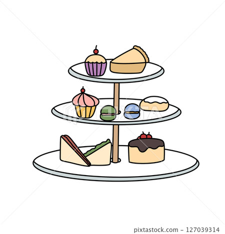 A white plate with three tiers of desserts including a sandwich, cupcakes A white plate with three tiers of desserts including a sandwich, cupcakes 127039314