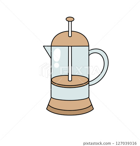 A coffee press with a wooden handle sits on a white background A coffee press with a wooden handle sits on a white background 127039316