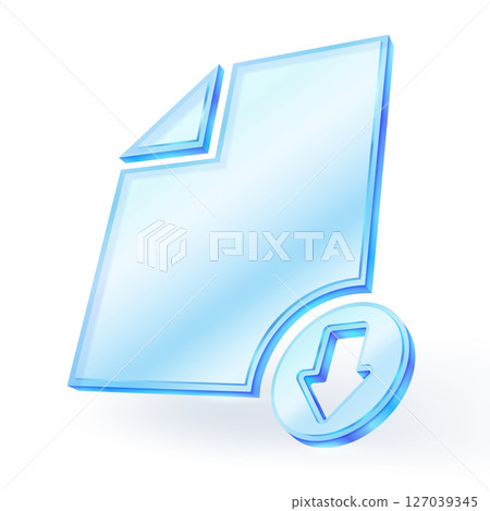 File download document upload, Arrow to bottom, Light blue transparent glass icon material. ideal for digital and file download applications. 3D Vector illustration. 127039345
