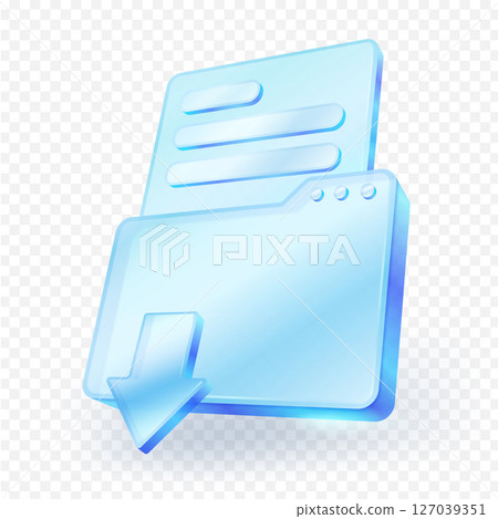 Download document file 3d icon, featuring a blue glass folder with an arrow pointing downwards, representing the downloading process. Transparent background and a sleek design. Vector EPS file. 127039351