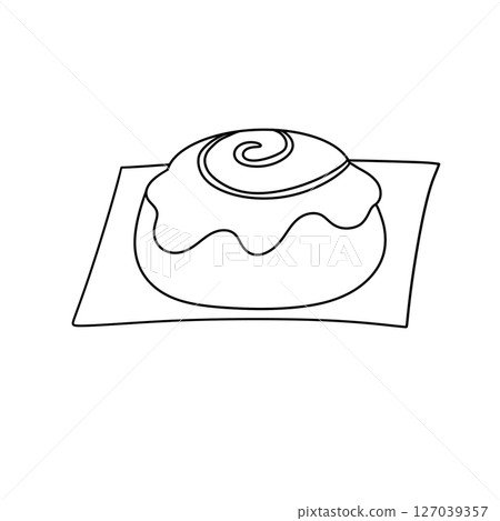 A white pastry with a swirl of icing on top 127039357