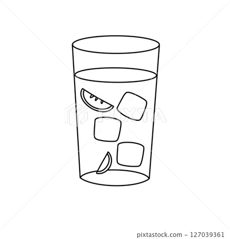 A glass of water with ice cubes and a slice of orange A glass of water with ice cubes and a slice of orange 127039361