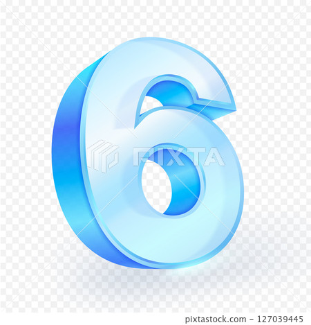 3d blue glass glossy Number 6. Isolated on a transparent background. Suitable for education, birthday, anniversary, infographic, and graphic design projects. Vector illustration. 127039445