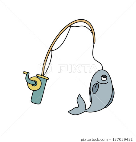 A cartoon fish is hooked up to a fishing pole 127039451