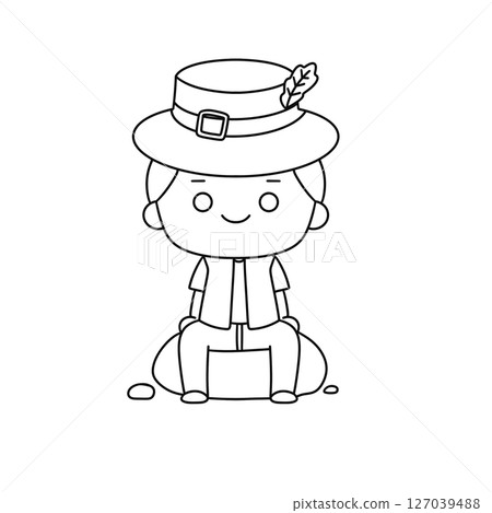 A cartoon boy wearing a hat and a vest sits on a rock 127039488