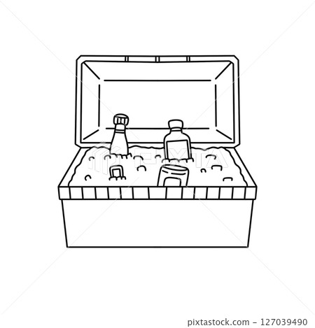 A black and white drawing of a cooler with a bottle of beer and a bottle of soda A black and white drawing of a cooler with a bottle of beer and a bottle of soda 127039490
