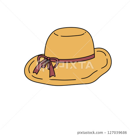 A yellow hat with a red ribbon tied around it 127039686
