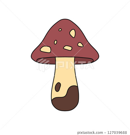 A cartoon mushroom with brown spots and a brown stem A cartoon mushroom with brown spots and a brown stem 127039688