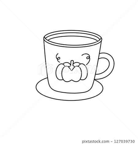 A pumpkin and apple design is on a coffee cup A pumpkin and apple design is on a coffee cup 127039730
