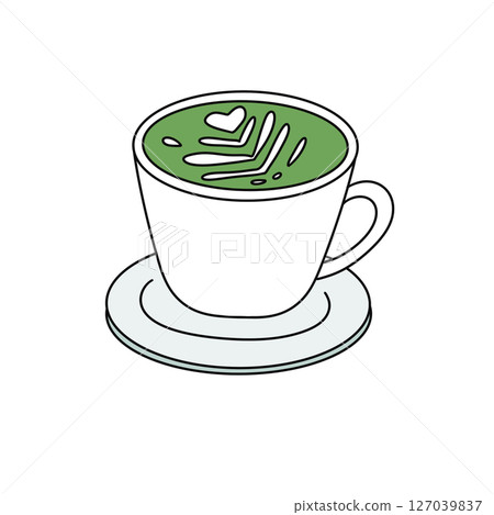 A white coffee cup with green foam and a heart on it 127039837