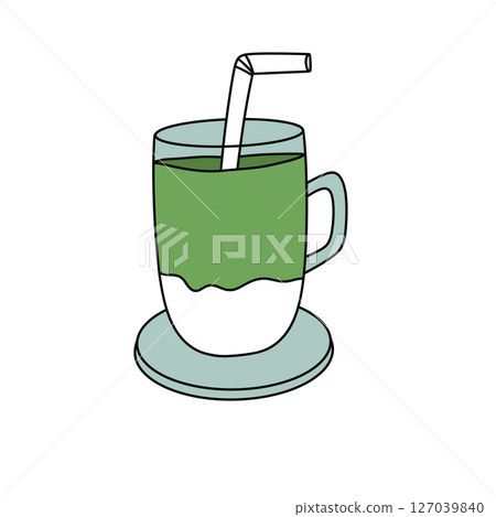 A cartoon drawing of a cup of green tea with a straw in it A cartoon drawing of a cup of green tea with a straw in it 127039840
