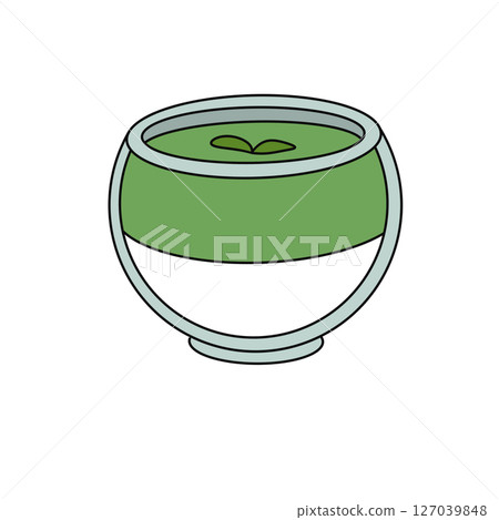 A cartoonish bowl of green and white food with a green leaf on top A cartoonish bowl of green and white food with a green leaf on top 127039848