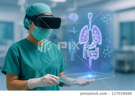 AI generated image of female surgeon using VR headset and transparent tablet displaying a glowing hologram of the human lymphatic system in a clean advanced operating room 127039986