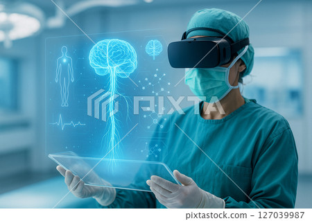 AI generated image of a female doctor in VR headset analyzing 3D holographic brain and nervous system with glowing data in a futuristic clean surgery room 127039987