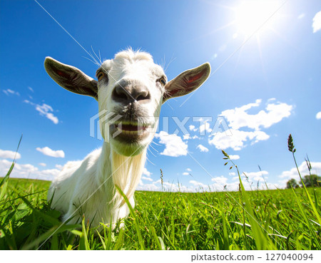 AI generated cheerful goat peeking with friendly smile from side view in sunlit green meadow under clear blue sky with white clouds perfect for farm and livestock themes 127040094