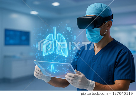 AI generated image of surgeon using VR headset and transparent tablet displaying 3D holographic lungs in advanced clean operating room AI generated image of surgeon using VR headset and transparent tablet displaying 3D holographic lungs in advanced clean operating room 127040119