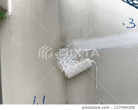 The repaired areas are painted with a mastic roller to match the surface. 127040389