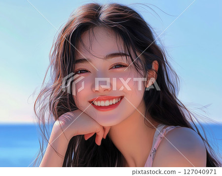 Refreshing portrait of a smiling woman relaxing on the beach in summer 127040971