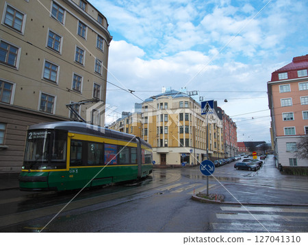 Finland, early morning in May, Helsinki city, tram 127041310