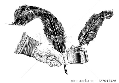 Quill Feather Ink Pen Hand Vintage Woodcut Print Quill Feather Ink Pen Hand Vintage Woodcut Print 127041326