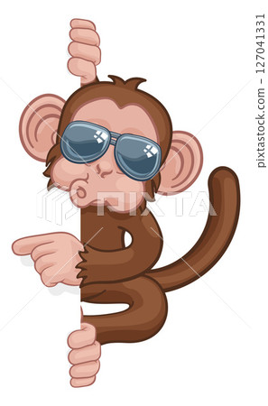 Monkey Sunglasses Cartoon Animal Pointing At Sign 127041331