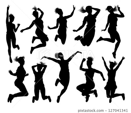 Happy Woman Jumping For Joy Silhouette Women Happy Woman Jumping For Joy Silhouette Women 127041341