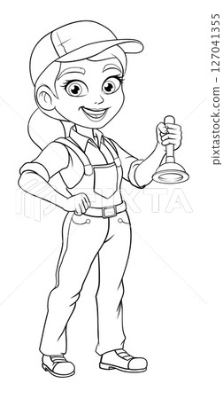 Woman Female Plumber Drain Plunger Cartoon Mascot 127041355